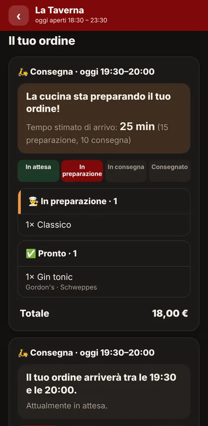 Il cliente segue l'ordine a domicilio con il tempo stimato